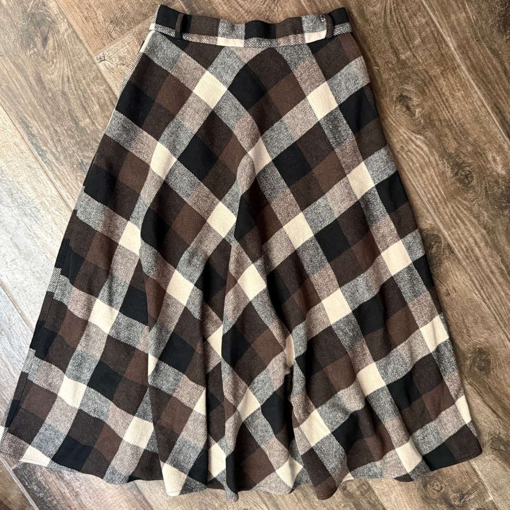 Vintage Dark Academia Womens Buffalo Plaid A-Line Midi Skirt, Brown Black, M